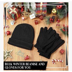 2 Sets Winter Black Beanie Winter Warm Hats & Gloves Polyester (One Size Unisex)